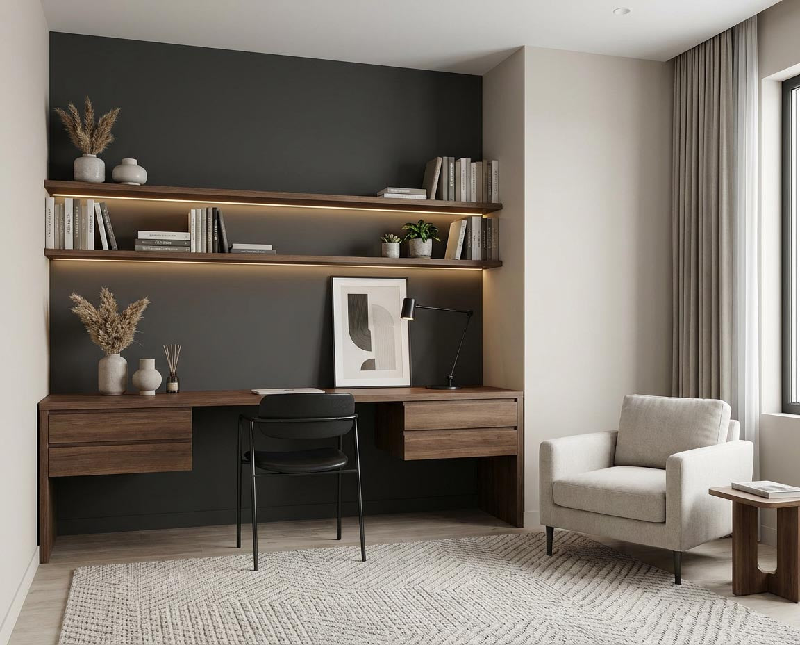 Arbeitszimmer mit Wand in re-box Wandfarbe Nuit de Cendre No. 48 – tiefes Anthrazit-Schwarz