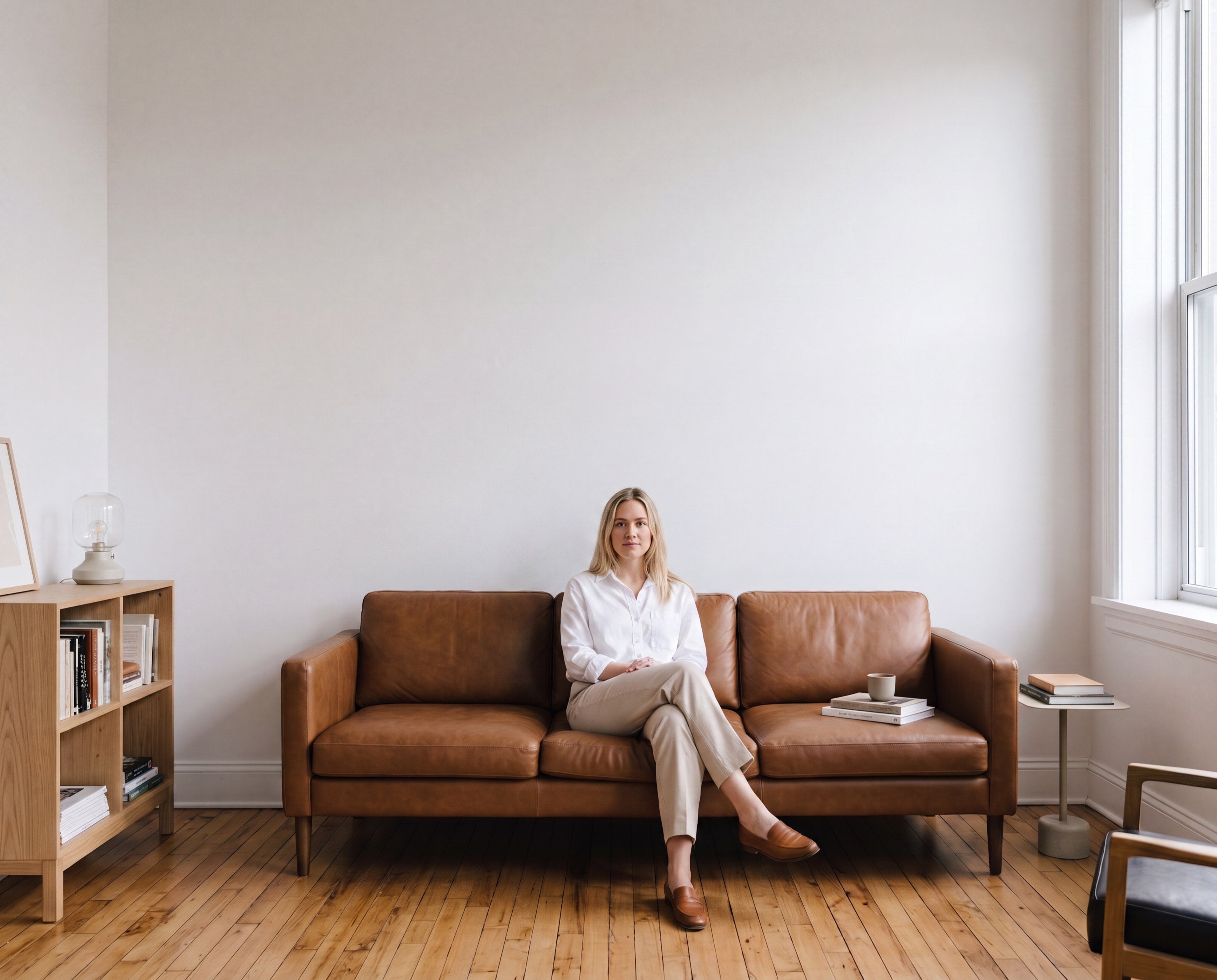 Weiße Wandfarbe von re-box – helles Wohnzimmer mit weiß gestrichener Wand und Ledersofa