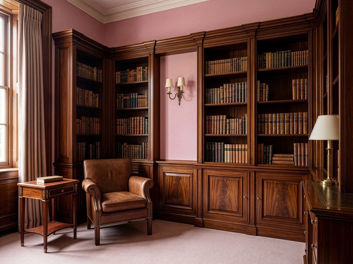 Bibliothek mit Wand in re-box Wandfarbe Château Rose No. 38 – lebendiges Rosé