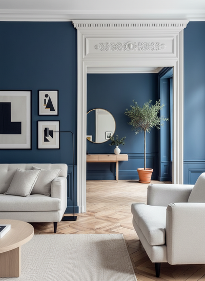 Wohnraum gestaltet mit Wand in re-box Wandfarbe Bleu Salon No. 63 – elegantes Salonblau