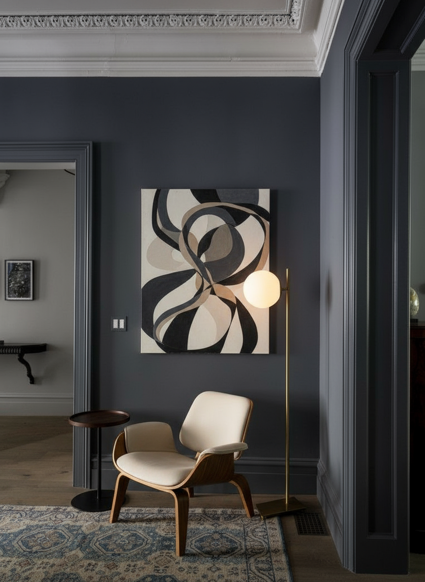 Wohnraum gestaltet mit Wand in re-box Wandfarbe Blue Dark No. 27 – tiefes, sattes Blau
