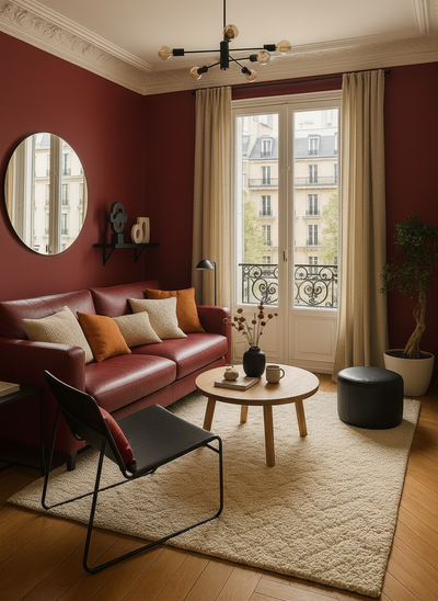 Wohnraum gestaltet mit Wand in re-box Wandfarbe Crimson Éclat No. 43 – eleganter Rotton