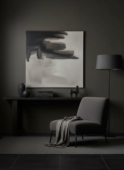 Wohnraum gestaltet mit Wand in re-box Wandfarbe Forge Grey No. 28 – grünliches Mittelgrau