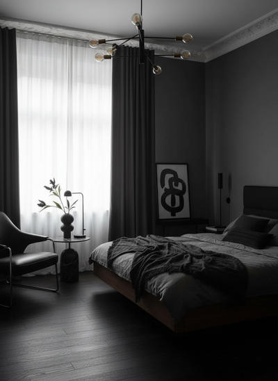 Wohnraum gestaltet mit Wand in re-box Wandfarbe Gutter Black No. 33 – modernes Anthrazit-Schwarz