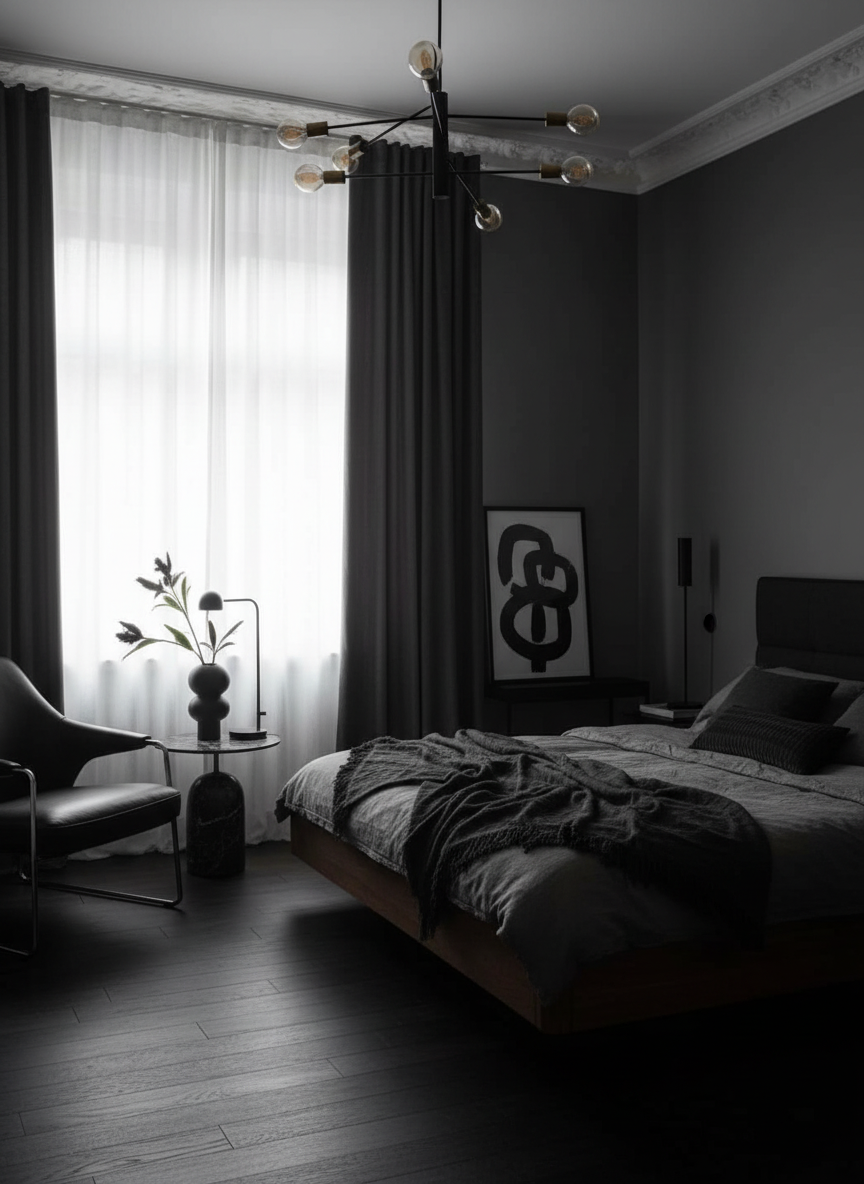 Wohnraum gestaltet mit Wand in re-box Wandfarbe Gutter Black No. 33 – modernes Anthrazit-Schwarz