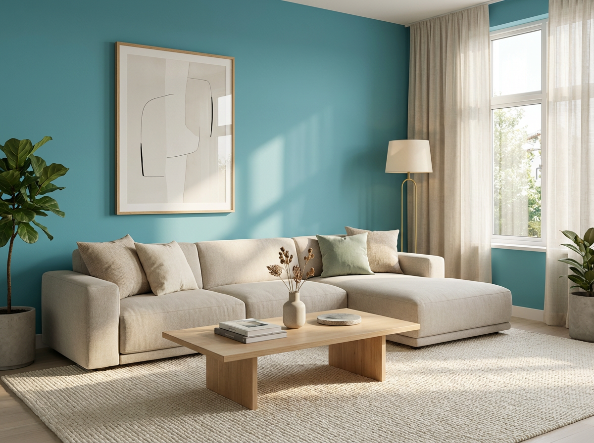 Wohnraum gestaltet mit re-box Wandfarbe Nice Breeze No. 36 – frisches Türkisblau