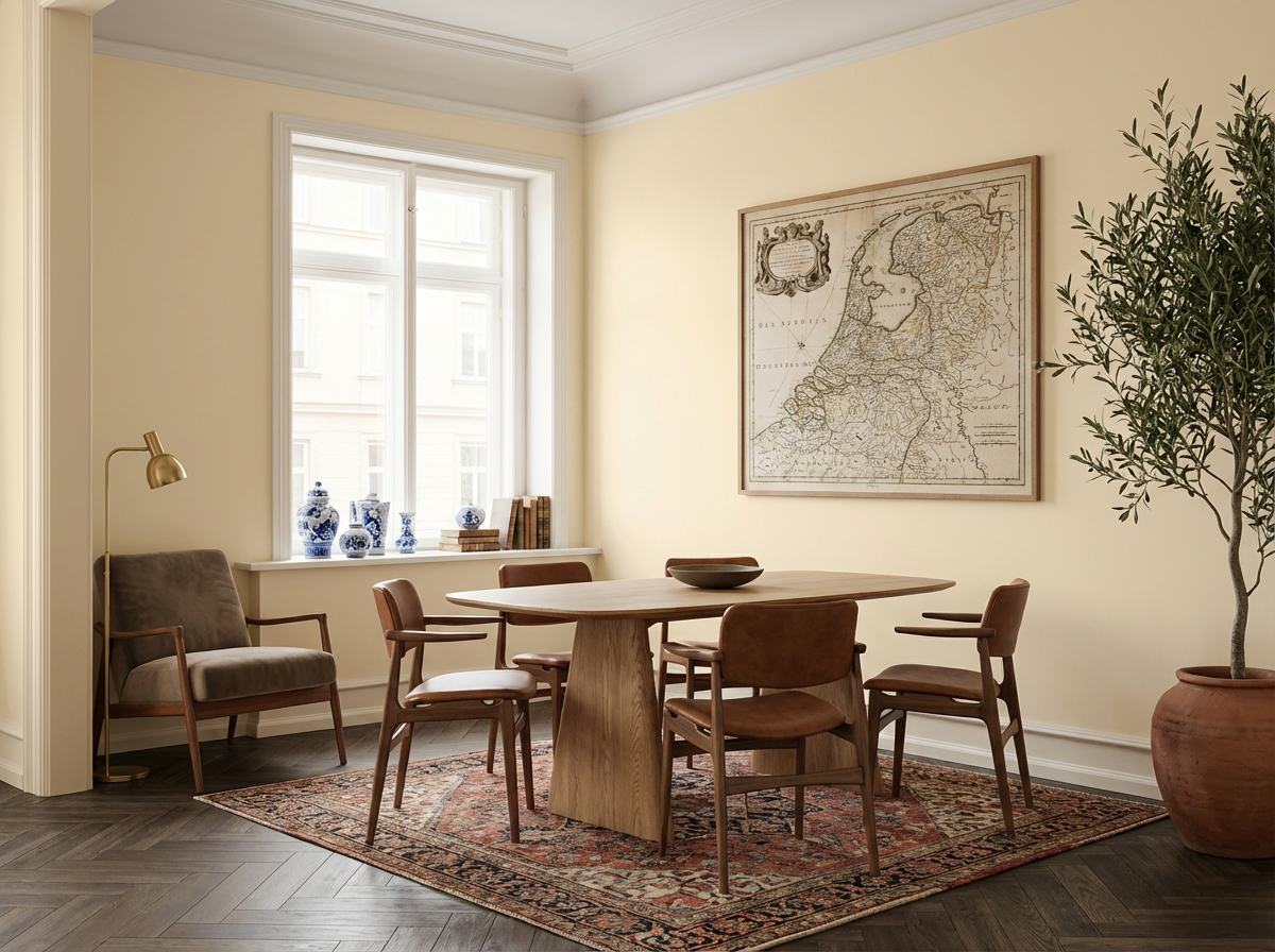 Interieur mit Wand in re-box Wandfarbe Blanc Pêche No. 47 – zartes Pfirsich-Weiß