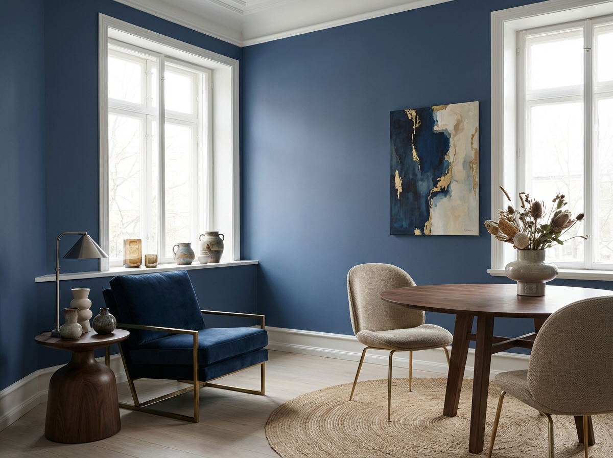 Raumansicht mit Wand in re-box Wandfarbe Bleu Faïence No. 64 – tiefes, kühles Fayenceblau
