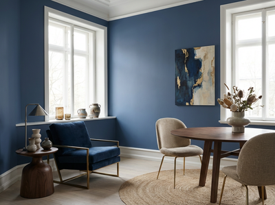 Raumansicht mit Wand in re-box Wandfarbe Bleu Faïence No. 64 – tiefes, kühles Fayenceblau