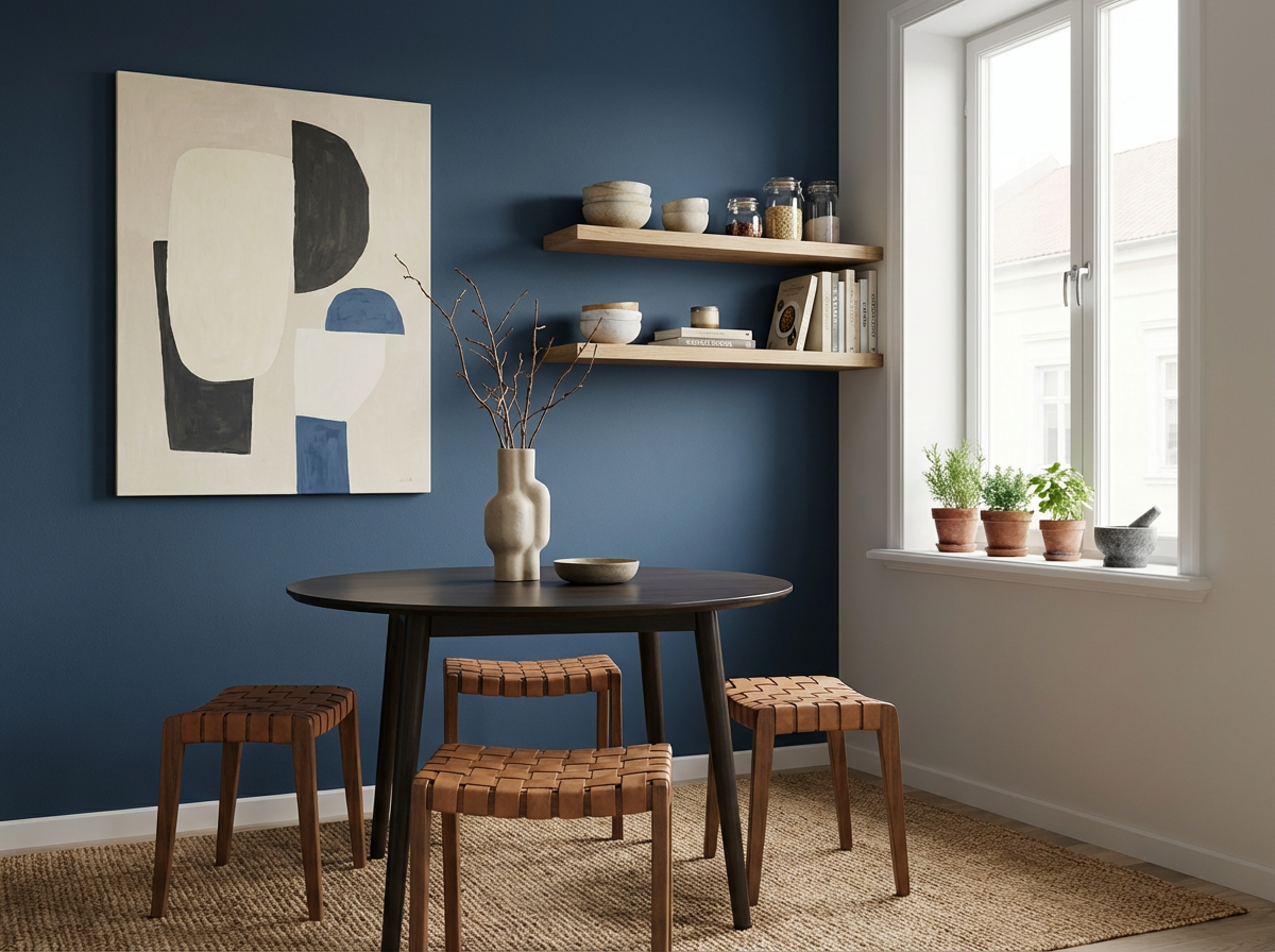 Interieur mit Wand in re-box Wandfarbe Bleu Faïence No. 64 – tiefes, kühles Fayenceblau