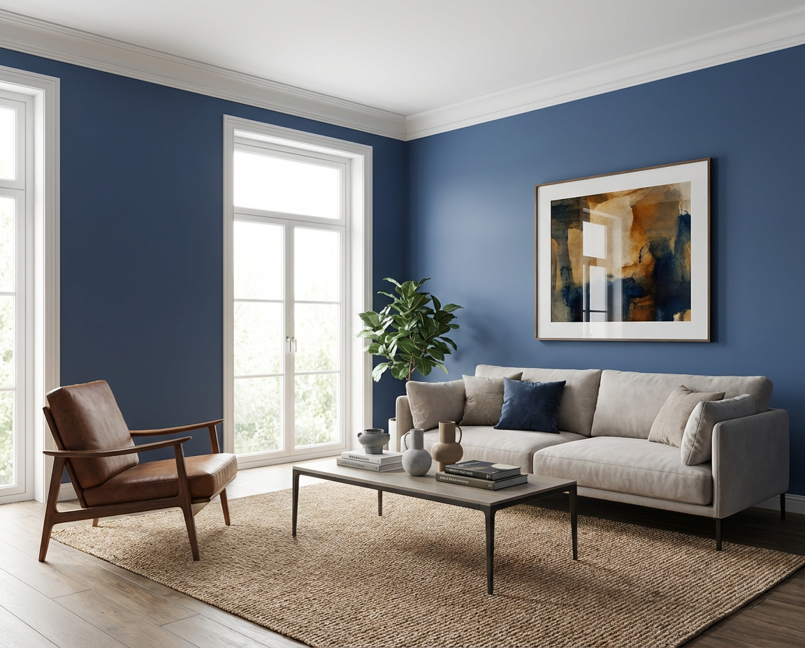 Ruhig und elegant wirkt das Wohnzimmer mit der Wandfarbe Bleu Faïence, einem tiefen, kühlen Blauton mit leicht grauer Nuance, der als matte Wandfarbe von re-box aus der DIY Renovierungsbox die Wände klar definiert und helle Möbel, Naturholz sowie Tageslicht kontrastreich hervorhebt.