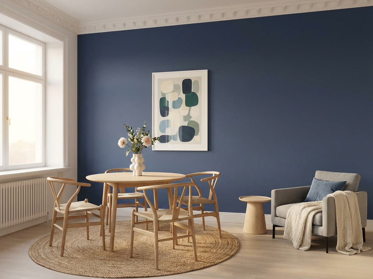 Raumansicht mit Wand in re-box Wandfarbe Bleu Salon No. 63 – elegantes Salonblau