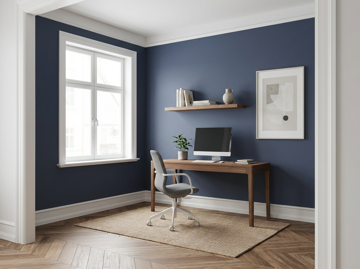 Interieur mit Wand in re-box Wandfarbe Bleu Salon No. 63 – elegantes Salonblau