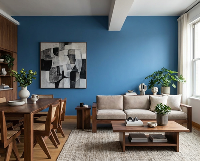 Offener Wohn- und Essbereich mit Holzmöbeln, Sofa und Pflanzen vor Wänden in Blooming Tisane, einem satten blauen Farbton – DIY-renoviert mit re-box.