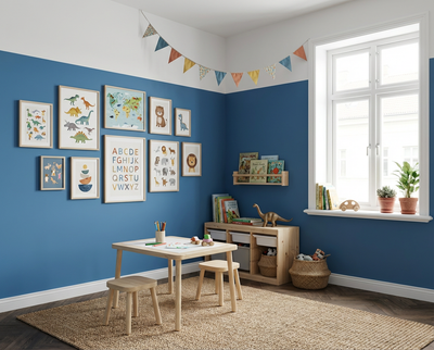 Holztisch mit Kinderhockern, Bücherregal und Spielzeug stehen vor Wänden in Blooming Tisane, einem frischen blau-Ton aus der re-box Renovierungsbox.