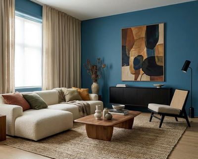 Die Wandfarbe Blooming Tisane verleiht diesem Wohnraum einen eleganten Blau-Ton, kombiniert mit Naturtextilien, Holz und moderner Einrichtung aus der re-box Renovierungsbox.