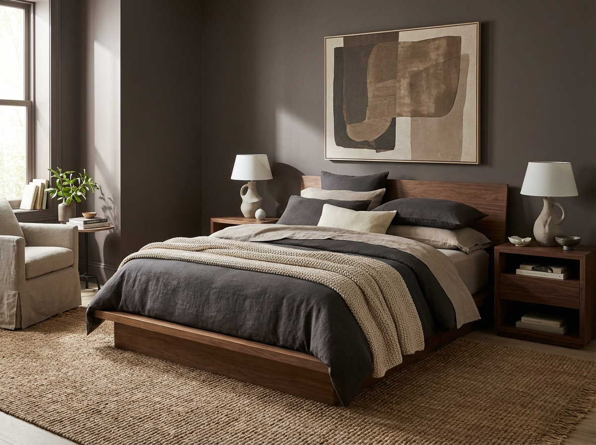 Wohnraum gestaltet mit Wand in re-box Wandfarbe Bois Impérial No. 52 – edles Espresso-Braun