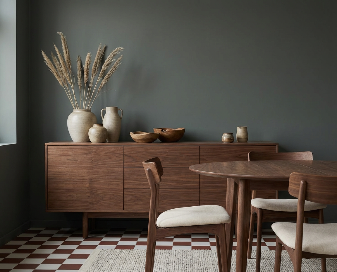 Ruhiger Essbereich mit Holztisch, Sideboard und Keramikobjekten vor einer Wand in Brume Atlantique, einer kühlen petrol grün-grauen Wandfarbe, umgesetzt mit der re-box Renovierungsbox für stilvolle DIY-Renovierung.
