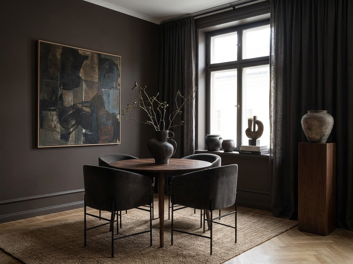 Interieur mit Wand in re-box Wandfarbe Brun Moka No. 53 – kräftiges Mokkabraun