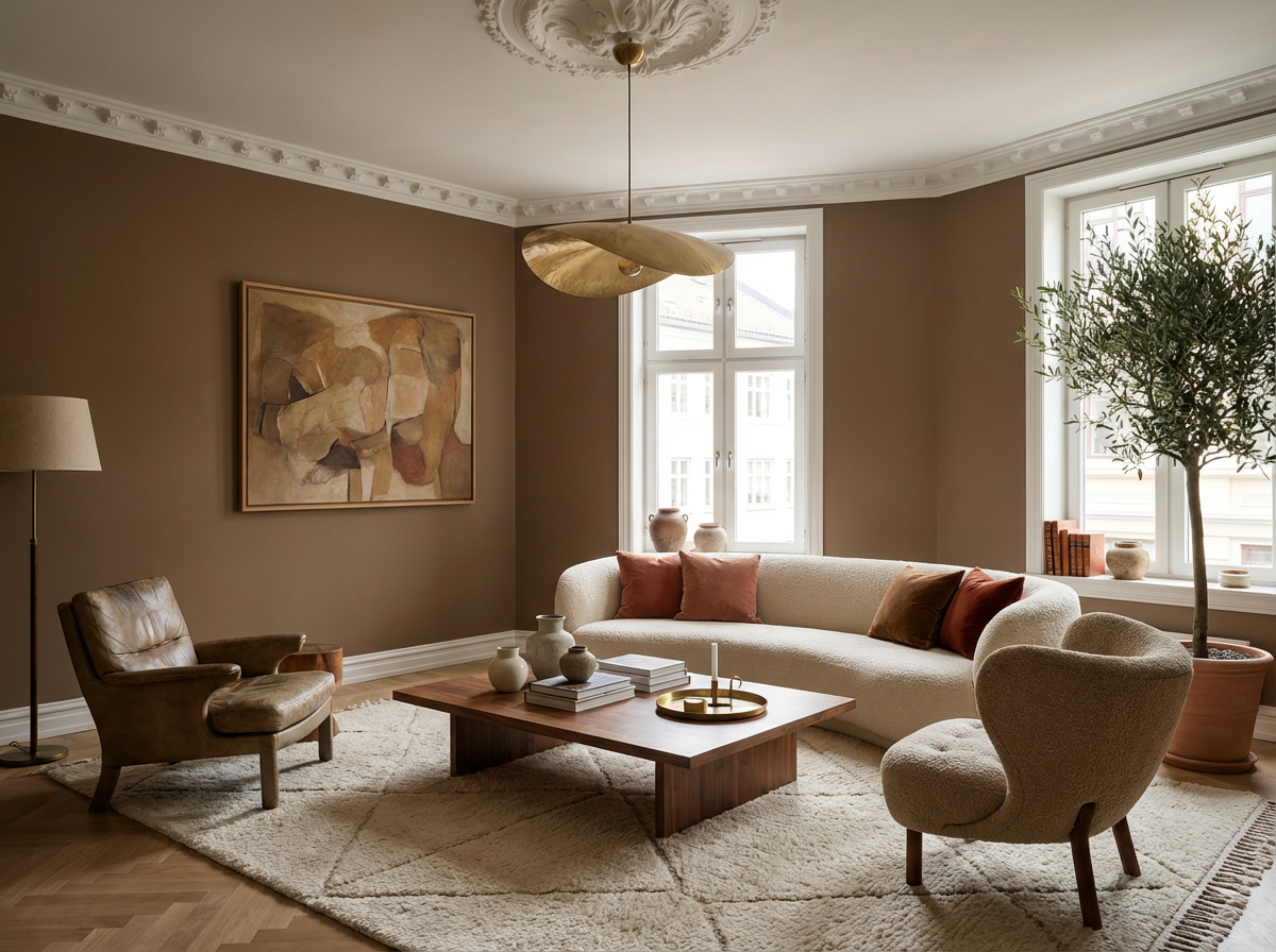 Interieur mit Wand in re-box Wandfarbe Chêne Antique No. 51 – sattes Kastanienbraun