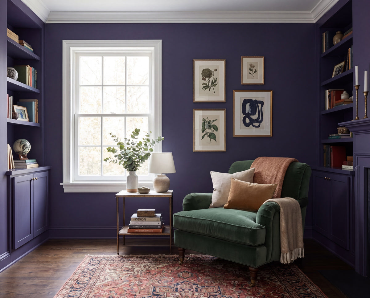 Die Wandfarbe Cobalt Husk in königsblauem Ton prägt diesen DIY-renovierten Wohnbereich mit Sessel, Bücherwand und ruhiger Atmosphäre – mit  der Renovierungsbox von re-box.