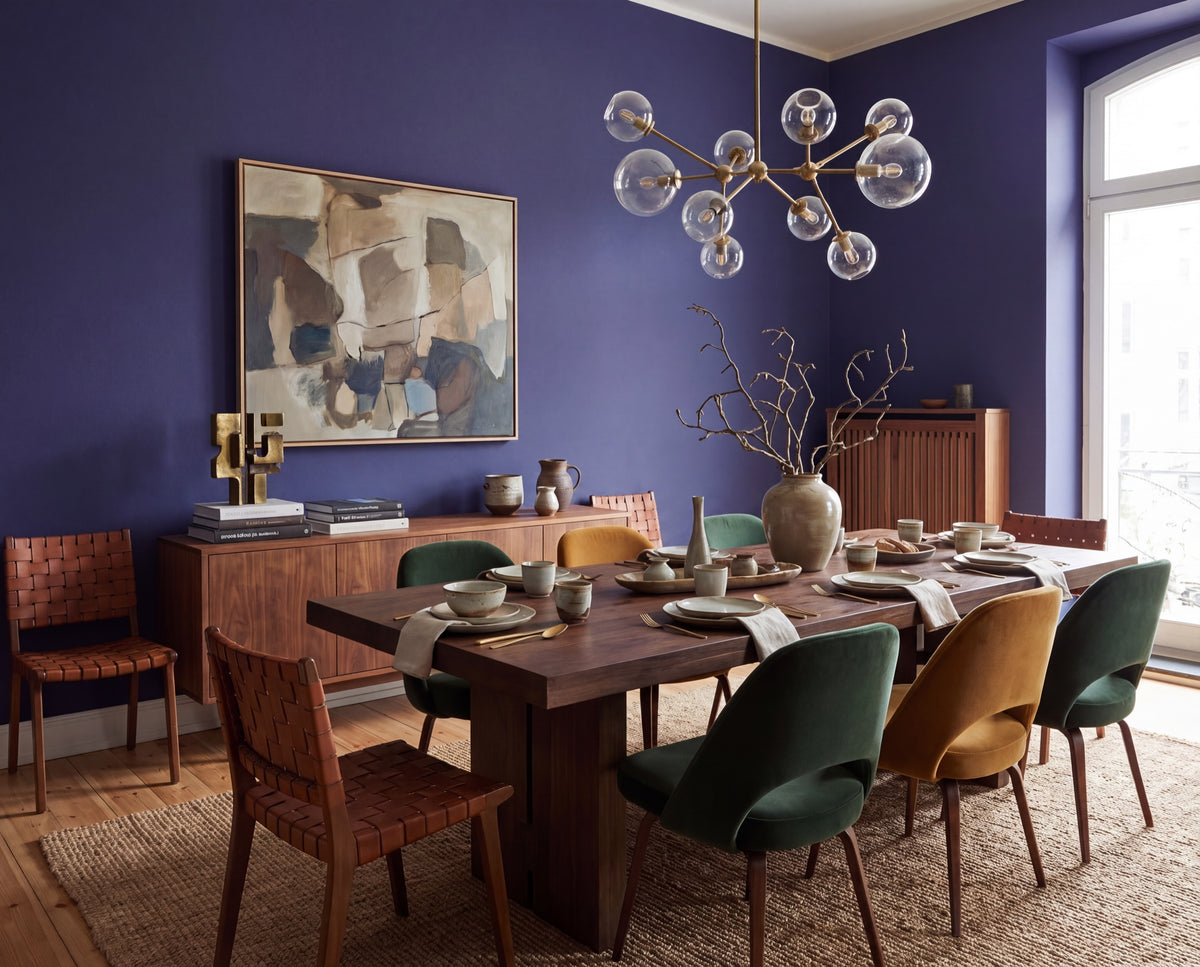 Esszimmer mit der Wandfarbe Cobalt Husk in tiefblauem Farbton, DIY-renoviert mit re-box Renovierungsbox, Holzesstisch, gepolsterte Stühle und moderne Pendelleuchte.