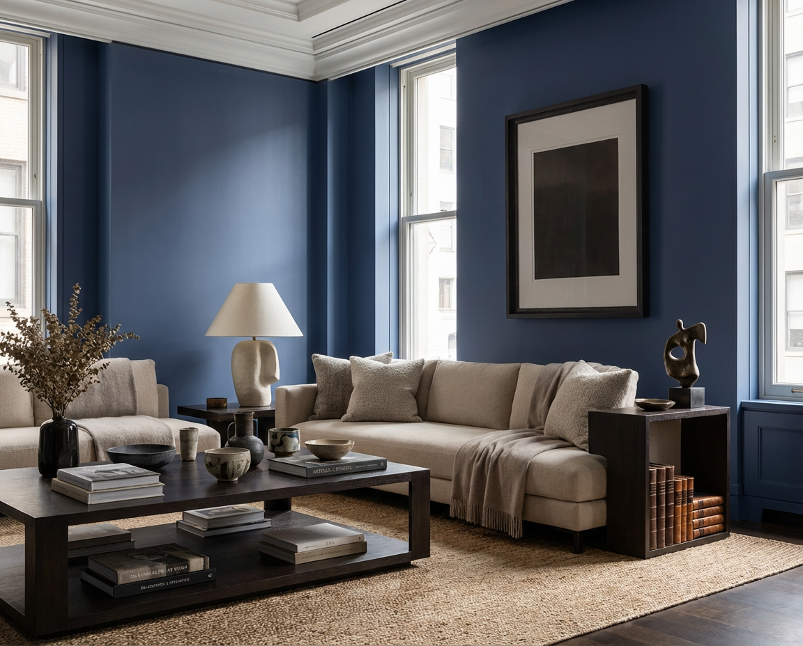 Geprägt von der Wandfarbe Cobalt Husk zeigt dieser Wohnraum eine DIY-Renovierung mit tiefem Blau, klassischer Architektur und zeitlosem Interior – re-box.