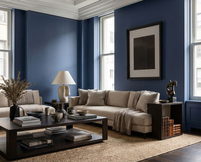 Geprägt von der Wandfarbe Cobalt Husk zeigt dieser Wohnraum eine DIY-Renovierung mit tiefem Blau, klassischer Architektur und zeitlosem Interior – re-box.