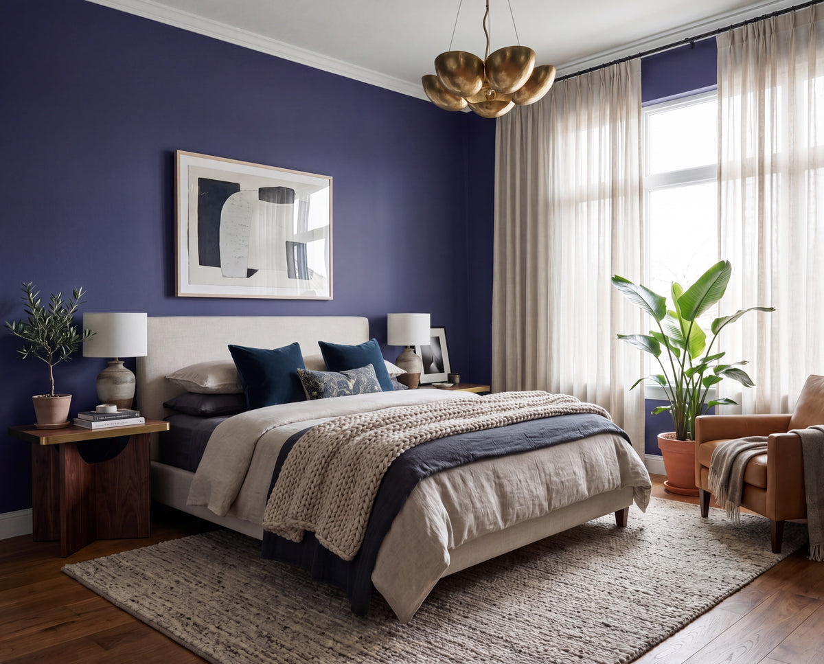 Die Wandfarbe Cobalt Husk bestimmt dieses DIY-renovierte Schlafzimmer mit blauem Farbton, hellem Bett, Pflanzen und ausgewogener Einrichtung – mit re-box Renovierungsbox.