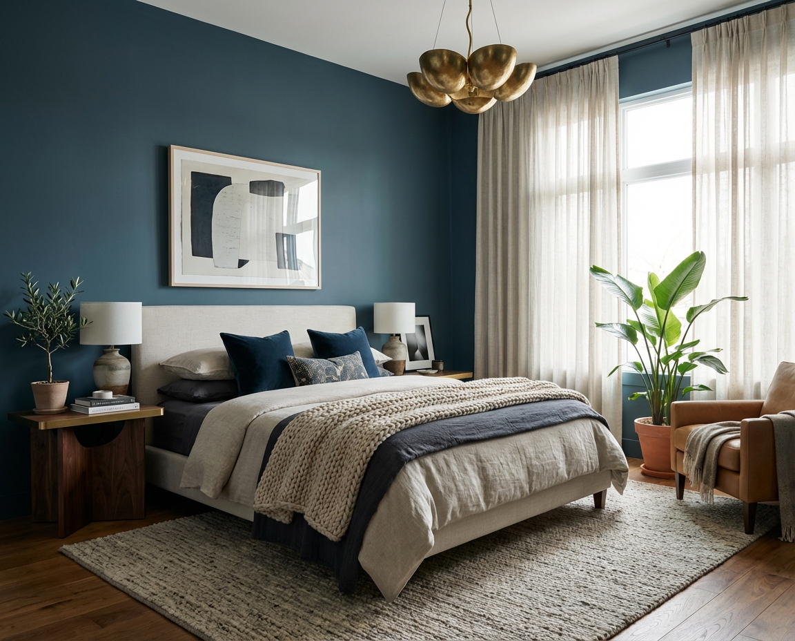 Die Wandfarbe Cobalt Husk bestimmt dieses DIY-renovierte Schlafzimmer mit blauem Farbton, hellem Bett, Pflanzen und ausgewogener Einrichtung – mit re-box Renovierungsbox.