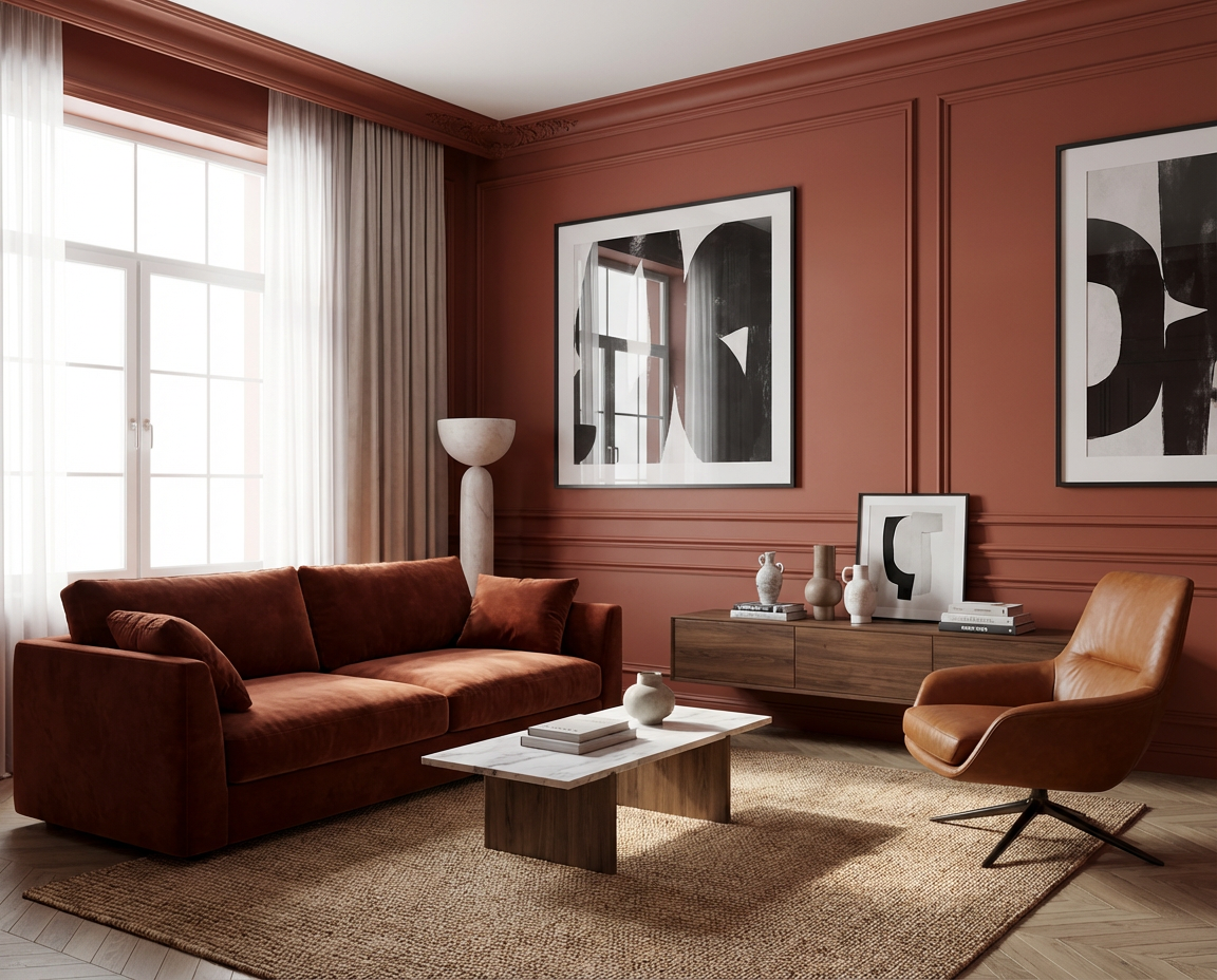 Charaktervoll definiert die Wandfarbe Crimson Éclat von re-box aus der DIY Renovierungsbox den Wohnraum als warmer, erdiger Terrakotta-Rotton, der Sofa, Ledersessel, Holzsideboard und Kunstwerke klar kontrastiert und als gleichmäßig gestrichene Wandfarbe eine elegante, ruhige Raumwirkung erzeugt.