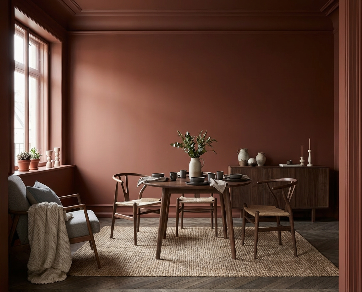 Ruhig und wohnlich wirkt die Wandfarbe Crimson Éclat von re-box aus der DIY Renovierungsbox, ein warmer, erdiger Rot-Braun-Farbton, der den Essbereich mit Holztisch, Stühlen, Teppich und Keramik klar einrahmt und als gleichmäßig gestrichene Wandfarbe die Raumstimmung prägt.