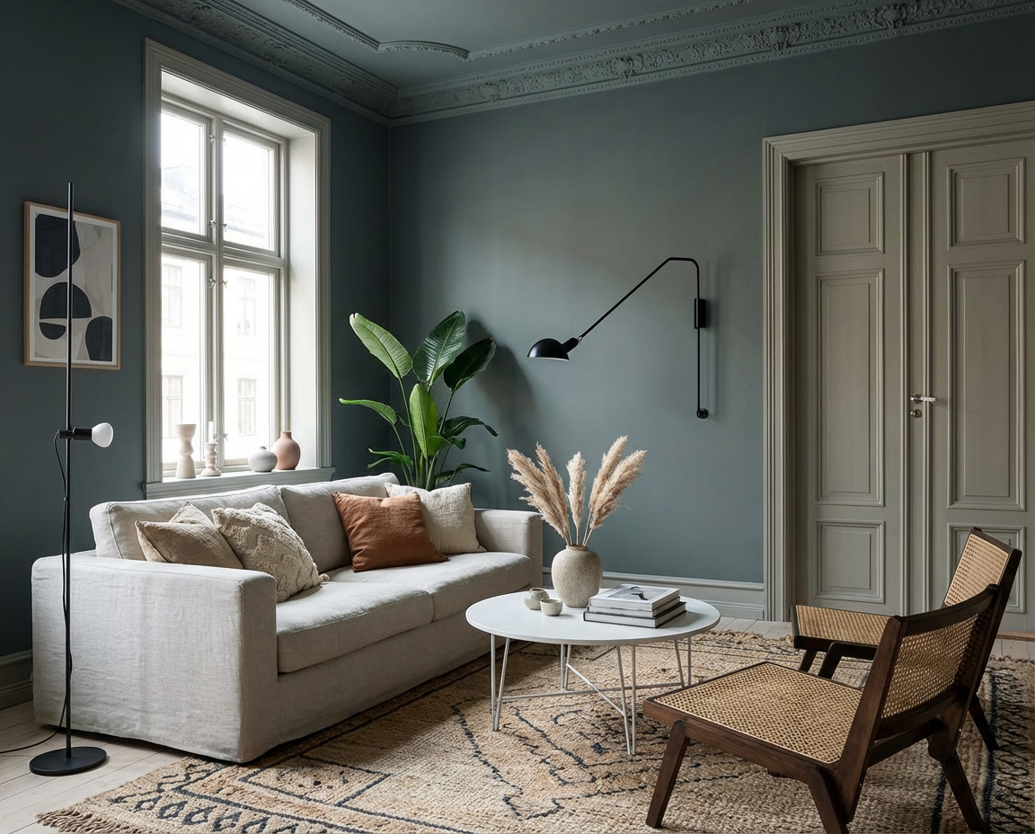 Mit der Wandfarbe Fjord Mist erhält dieses Wohnzimmer eine kühle, graugrüne Atmosphäre, in der helle Möbel, Pflanzen und Licht klar zur Geltung kommen – renoviert mit der re-box Renovierungsbox.