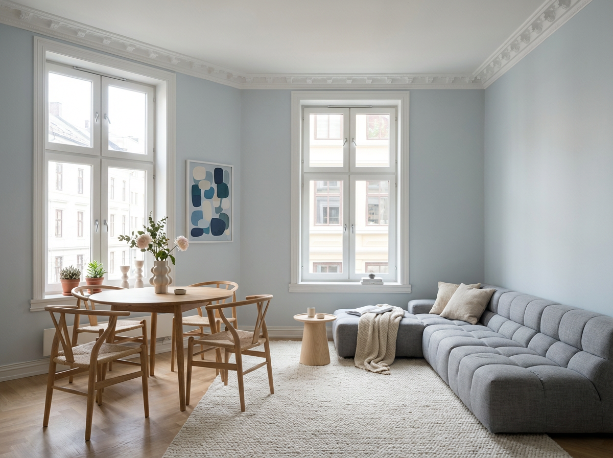 Wohnraum gestaltet mit re-box Wandfarbe Gesso Clair No. 57 – cremiges Off-White