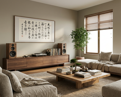 Wohnzimmer nach DIY-Renovierung mit warmgrauer Wandfarbe, Holzmöbeln, Sofa in Naturtönen, Plattenspieler und minimalistischer Einrichtung – umgesetzt mit re-box Renovierungsbox.