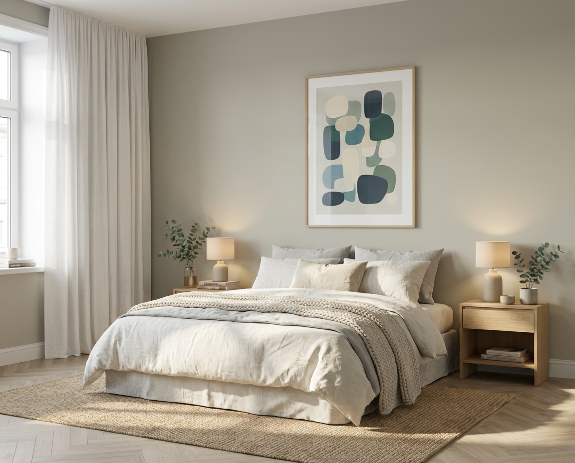 DIY-renoviertes Schlafzimmer mit frisch gestrichener grauer Wand, Doppelbett in Naturtönen, Holz-Nachttischen und moderner Wandgestaltung – umgesetzt mit re-box Renovierungsbox.
