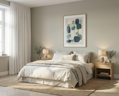 DIY-renoviertes Schlafzimmer mit frisch gestrichener grauer Wand, Doppelbett in Naturtönen, Holz-Nachttischen und moderner Wandgestaltung – umgesetzt mit re-box Renovierungsbox.