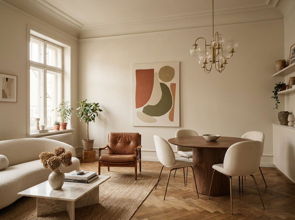 Interieur mit Wand in re-box Wandfarbe Lait Vanillé No. 56 – cremiges Vanille-Beige