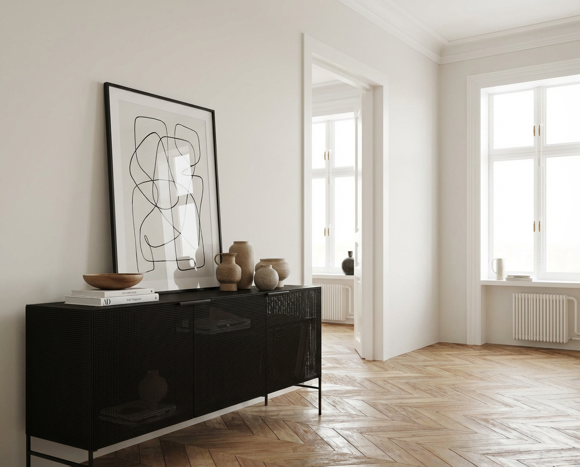 Hell und ruhig zeigt sich die Wandfarbe Neige Douce – ein warmer, weicher Off-White-Ton, umgesetzt mit re-box aus der DIY Renovierungsbox, der den lichtdurchfluteten Raum klar rahmt und Architektur sowie Möbel dezent betont.
