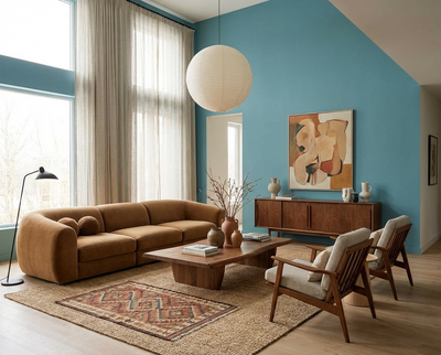 Großzügiges Wohnzimmer mit hohen Fenstern, gestrichen in der Wandfarbe Nice Breeze in frischem türkis-blaugrünem Farbton, DIY-renoviert mit der re-box Renovierungsbox.