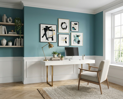 Homeoffice mit der Wandfarbe Nice Breeze in türkis-blaugrünem Farbton, DIY-renoviert mit re-box Renovierungsbox, weißer Schreibtisch, Bilderwand und Tageslicht.