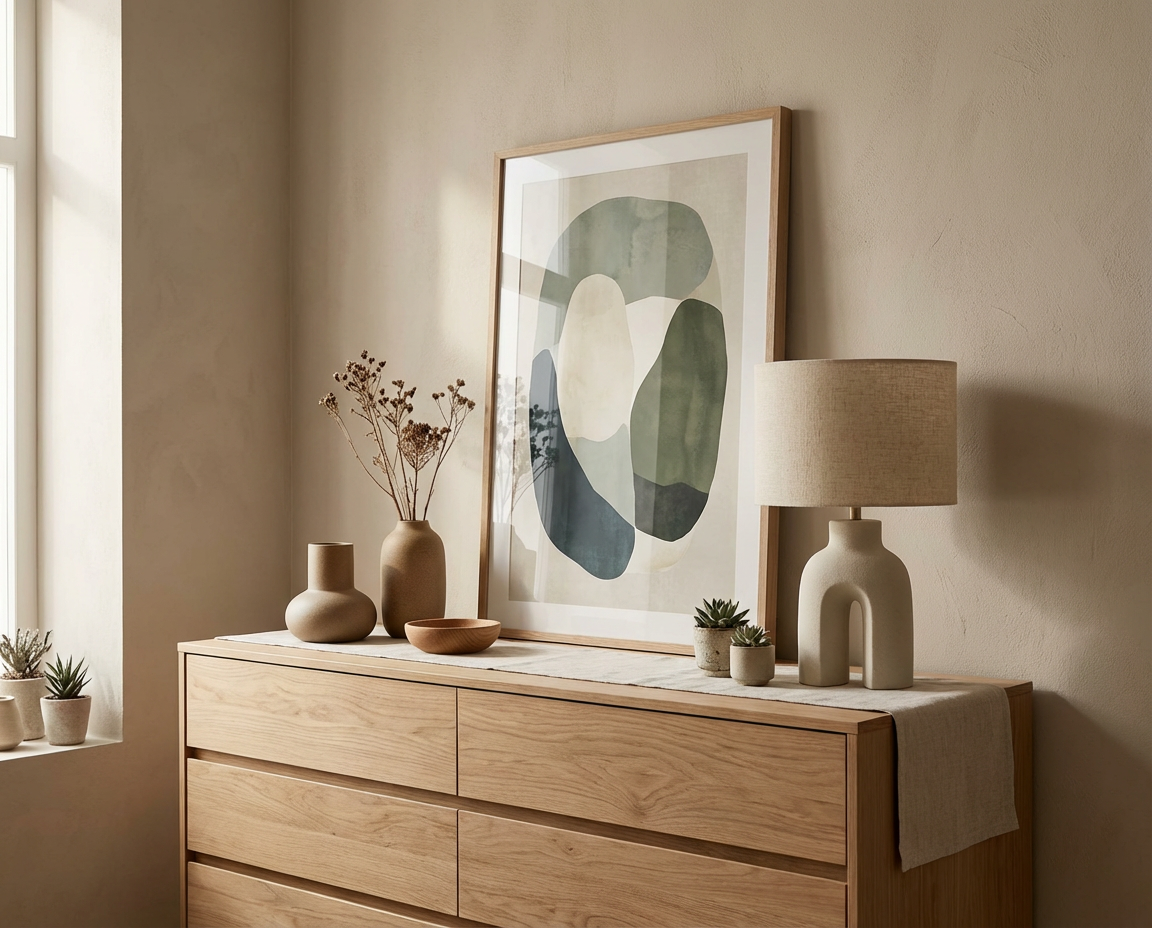 Wand in der Wandfarbe Pierre Douce – ein warmer, heller Beige Greige-Ton mit sanfter, ruhiger Wirkung, umgesetzt mit re-box aus der Renovierungsbox.