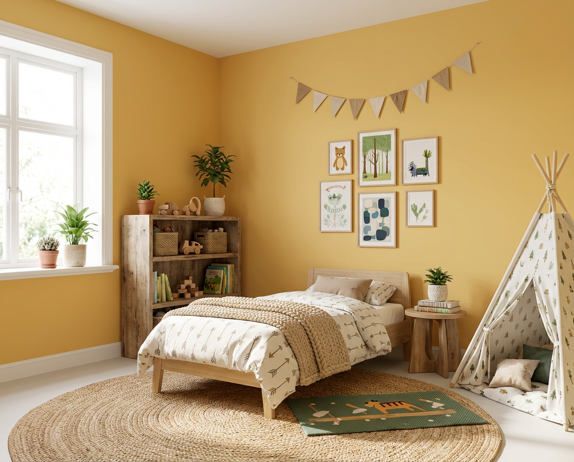 Kinderzimmer DIY-renoviert, mit warmer gelber Wandfarbe im Farbton Saffron Glow, Holzbett, Spielzelt und natürlicher Einrichtung – umgesetzt mit re-box Renovierungsbox.