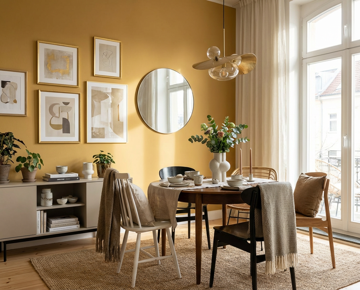DIY-renoviertes Esszimmer mit warmer gelber Wandfarbe im Farbton Saffron Glow, runder Esstisch und natürlicher Einrichtung – umgesetzt mit re-box Renovierungsbox.