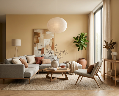 Wohnzimmer mit der Wandfarbe Soleil Doux, einem warmen, weichen Gelbton, der als matte Wandfarbe von re-box aus der DIY Renovierungsbox die Wand ruhig flächig einfärbt und helle Möbel, Naturholz sowie Tageslicht harmonisch betont.