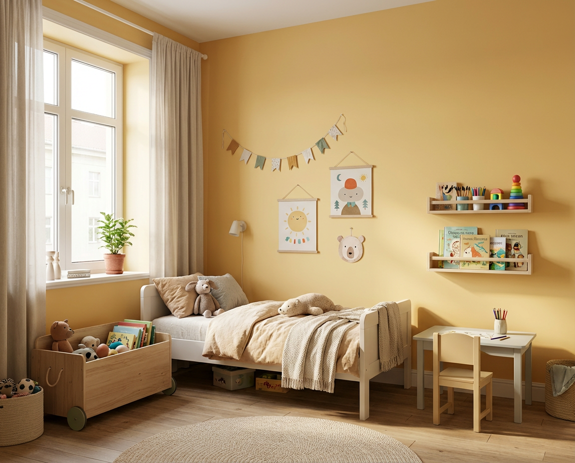 Kinderzimmer mit der Wandfarbe Soleil Doux, einem warmen, weichen Gelbton mit sonnigem Unterton, der als matte Wandfarbe von re-box aus der DIY Renovierungsbox eine helle, beruhigende Atmosphäre schafft und Holzspielzeug, Naturtextilien sowie kindgerechte Illustrationen harmonisch hervorhebt.