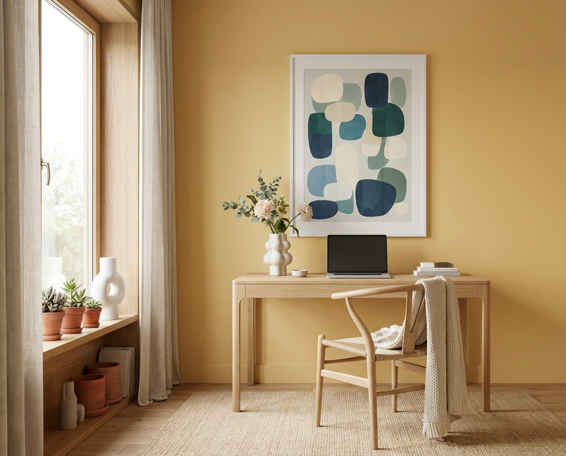 Home-Office mit der Wandfarbe Soleil Doux von re-box, einem sanften, sonnigen Gelbton mit weichem, warmem Unterton, der als matte Wandfarbe aus der DIY Renovierungsbox helles Holz, Naturtextilien und grafische Kunst harmonisch verbindet und eine helle, einladende Atmosphäre schafft.