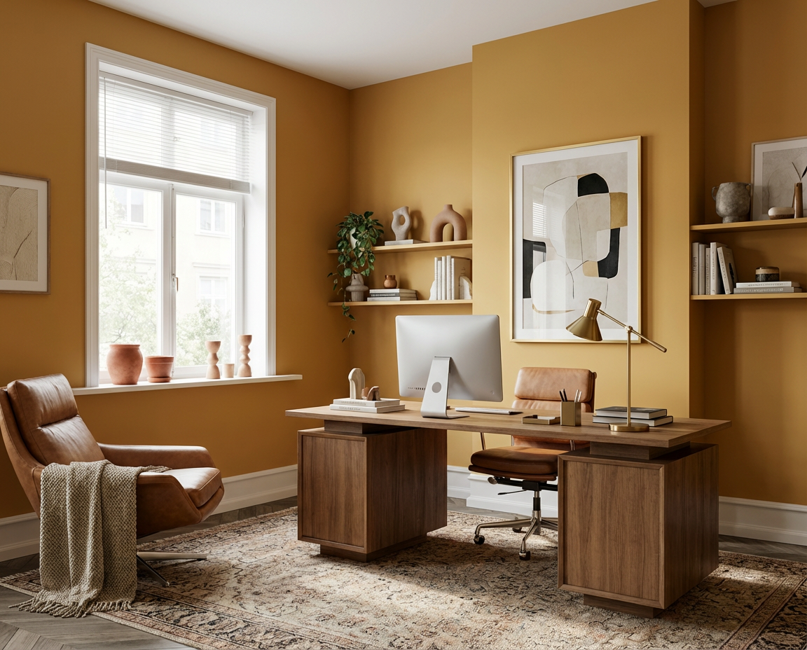 Modern und ruhig wirkt das Homeoffice mit der Wandfarbe Soleil d’Ambre, einem warmen, goldenen Ockerton, der als matte Wandfarbe von re-box aus der DIY Renovierungsbox die Wände prägt und Holzoberflächen, Lederstuhl sowie Tageslicht klar und harmonisch betont.
