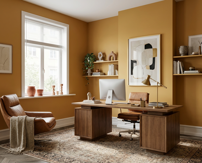 Modern und ruhig wirkt das Homeoffice mit der Wandfarbe Soleil d’Ambre, einem warmen, goldenen Ockerton, der als matte Wandfarbe von re-box aus der DIY Renovierungsbox die Wände prägt und Holzoberflächen, Lederstuhl sowie Tageslicht klar und harmonisch betont.