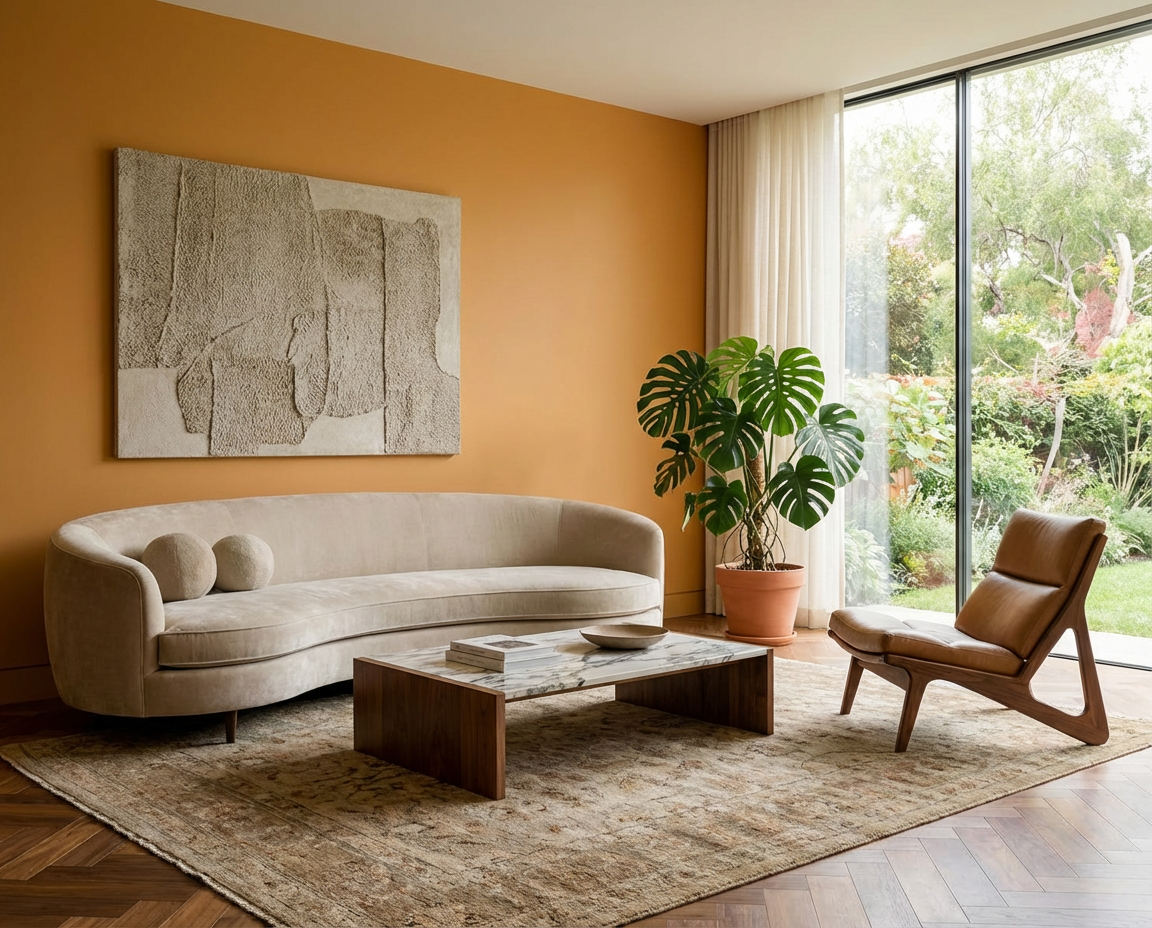 Wohnzimmer mit der Wandfarbe Soleil d’Ambre, einem satten, warmen Bernsteinton mit gelb-oranger Note, der als matte Wandfarbe von re-box aus der DIY Renovierungsbox die Wandfläche dominiert und helle Polstermöbel, Naturholz sowie viel Tageslicht harmonisch hervorhebt.